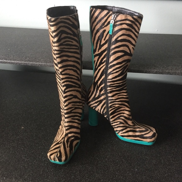 Versace Shoes - Versace (Gianni), auth. tiger pony hair turquoise heeled boots, 36.5/ 6.5/6 US